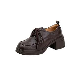 牛皮版~棕色粗跟高跟鞋厚底小皮鞋女2025新款英伦风小个子乐福鞋