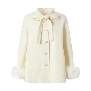 商场同款 摩萨克冬款贵气蝴蝶结系带领斗篷式毛呢大衣女