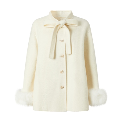 商场同款 摩萨克冬款贵气蝴蝶结系带领斗篷式毛呢大衣女