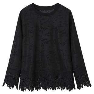 德玛纳优雅蕾丝刺绣花边T恤女春秋新款气质圆领设计感休闲上衣