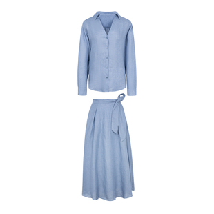 VER TOW2026春季水蓝斜纹亚麻V领长袖衬衫长款半裙套装休闲风女装