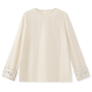 春秋国风新款袖口钉珠刺绣长袖上衣薄款百搭新中式人丝衬衫 N2071