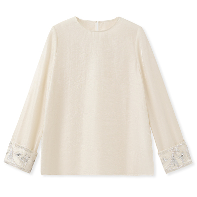 春秋新中式袖口钉珠刺绣人丝上衣