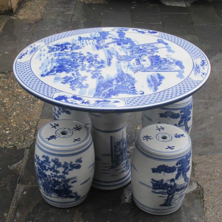 陶瓷桌椅摆件 陶瓷桌子凳子家居庭院中式摆件青花瓷竹林七贤圆桌