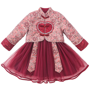 女童新年红色套装冬季2025新款唐装汉服裙子国风过年拜年服两件套