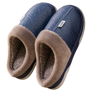 防水棉拖鞋男款秋冬季室内家用防滑耐磨PU皮面拖鞋冬天女加绒保暖