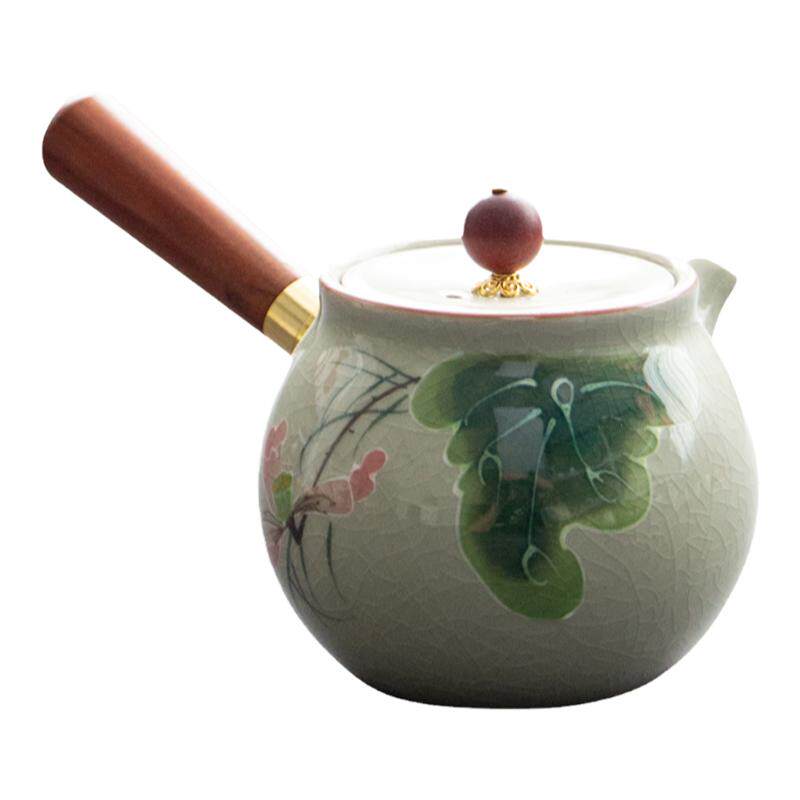 哥窑开片茶壶泡茶器侧把壶木柄单壶陶瓷功夫茶具手工绘制防烫茶壶
