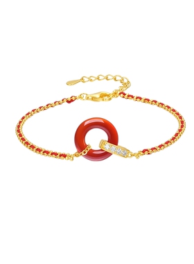 周六福玛瑙手链女S925银平安扣手饰国风送女友圣诞礼物