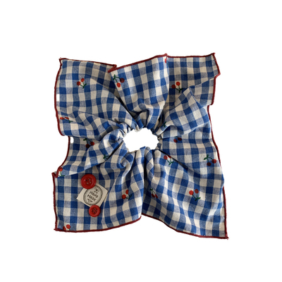 韩系蓝色格子方巾大肠发圈