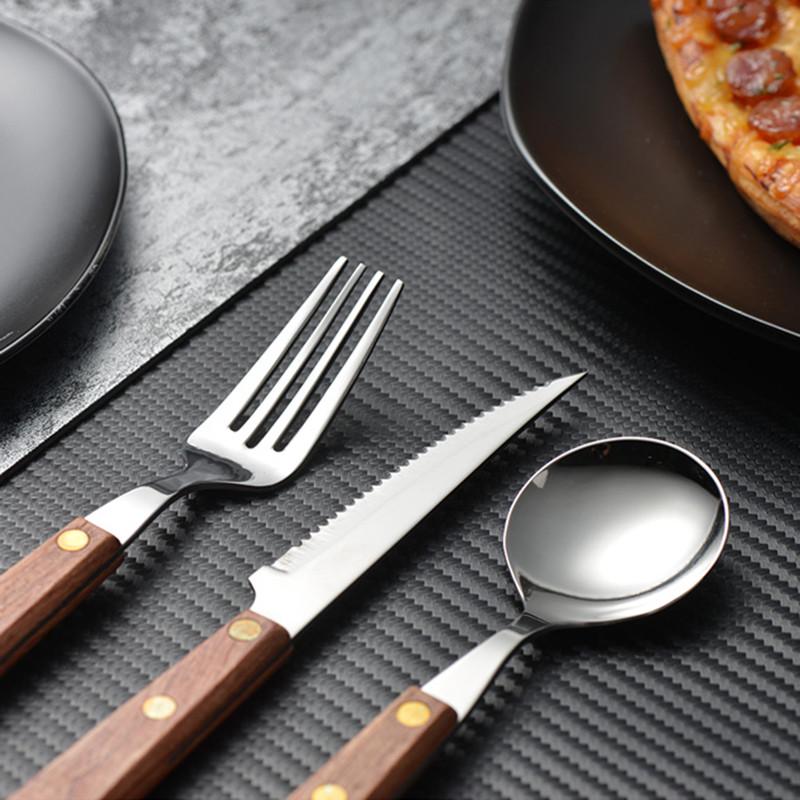 实木手柄刀叉圆勺子304不锈钢牛排刀叉勺三件套装西餐厅ins风餐具