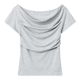 AIRHOOD韩版一字领露肩不规则领口辣妹短袖T恤短款修身气质上衣女
