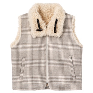 PSO Brand女装双面穿千鸟格翻领毛绒马甲背心保暖毛呢女款马夹