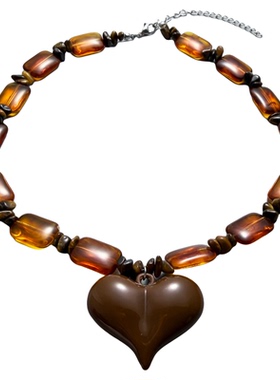 琥珀色爱心吊坠项链女复古水晶