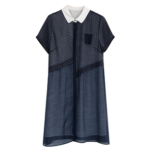 洋气大码女装文化衫裙子2026夏季新款条纹拼接宽松显瘦短袖连衣裙