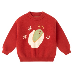 嘟嘟家男童毛衣红色儿童新年拜年服宝宝冬季上衣国风女童过年衣服