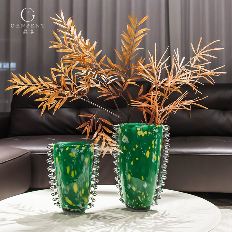 晶淳 绿色斑点客厅电视柜插花高级感大花瓶高款 法式软装艺术摆件