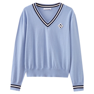 水云间miu系学院风天丝毛衣女v领蓝色针织衫长袖上衣叠穿外穿2025
