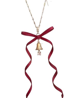 圣诞~多层红色蝴蝶结金摇铃吊坠珍珠项链秋冬新款毛衣链颈链铃铛