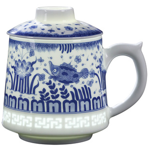 景德镇陶瓷茶杯带盖青花玲珑杯茶水分离泡茶杯家用办公室水杯送礼