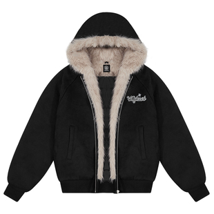 404MOB仿兔毛重磅云朵绒山雕棉服男秋冬加绒加厚刺绣连帽麂皮外套