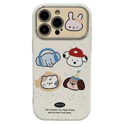ins可爱泼墨小动物卡通适用苹果15手机壳大视窗iphone16ProMax新款15promax女13带挂绳16pro皮质14全包保护套