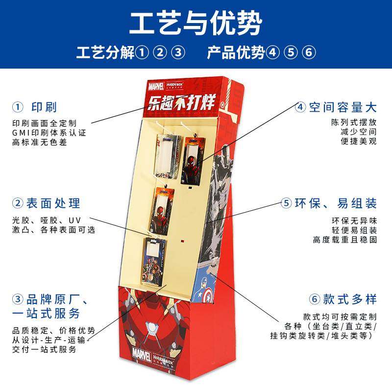 动漫品牌设计纸货架 漫威画面挂钩型陈列瓦楞纸动漫纸展架定制