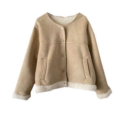韩系小个子短款圆领麂皮绒外套