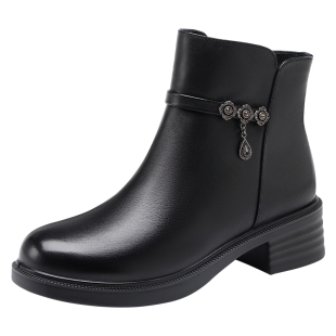 红蜻蜓冬季女鞋靴子女高跟中筒短靴真皮加绒加厚妈妈棉靴皮鞋冬天