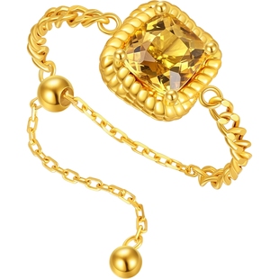 潮宏基至简黄18K金黄水晶招财戒指方糖指环轻奢礼物送女友生辰石