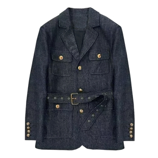 朱珠同款复古蓝牛仔西装外套女秋季收腰显瘦高级感气质西服两件套