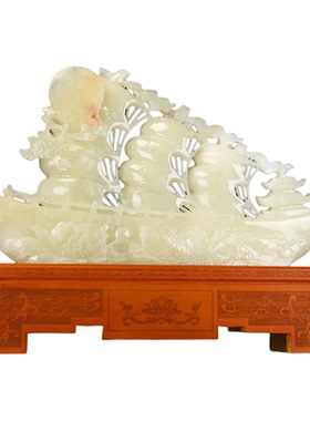 天然玉石一帆风顺玉雕龙帆船摆件