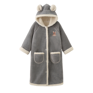 儿童双层加厚睡袍男女童秋冬季长款复合法兰绒睡衣加绒保暖家居服