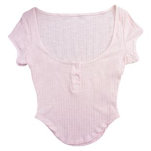 图图小有名气的樱花粉纯欲百搭大U型弹力修身露脐短款短袖T恤上衣