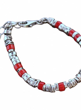 纯银复古红色宝石串珠手链银珠