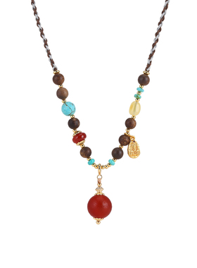 珞石复古红玛瑙檀木串珠项链女款