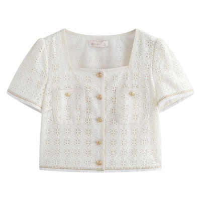 固执法式方领短款蕾丝衫