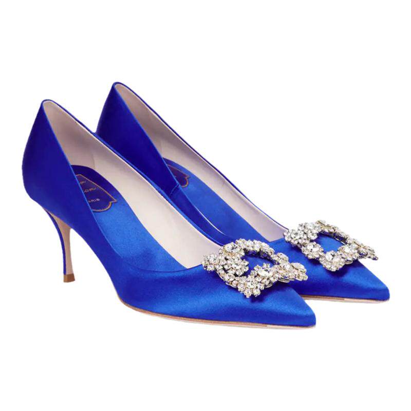 Roger Vivier/罗杰·维维亚女士蓝色缎面水晶缀饰搭扣尖头高跟鞋