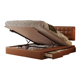 华夫格悬浮离地箱体床真皮轻奢复古中古风主卧薄床头1米5带储物床