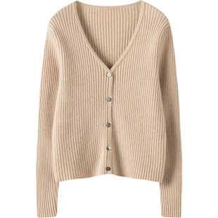 腔调范儿骨感十足！纯羊绒开衫女V领坑条修身短款羊绒毛衣女外套