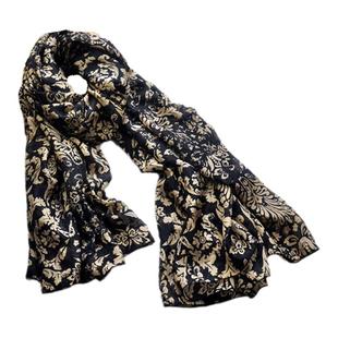 黑色土黄斑驳复古色调真丝围巾桑蚕丝丝巾纱巾女长款百搭防晒披肩