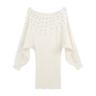 韩语琳空间秋春白色露肩钉钻针织连衣裙女新款温柔法式轻奢包臀裙