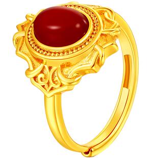 梦金园S925银红玛瑙戒指女活口可调节宝石镶嵌指环银饰送女友礼物