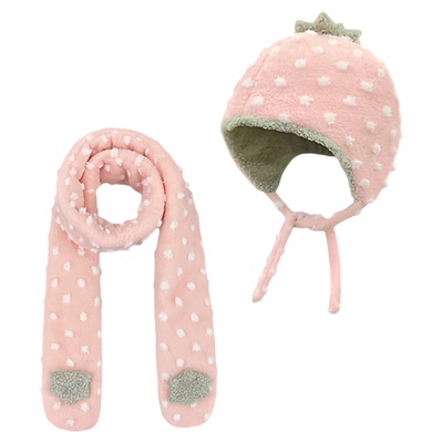 可爱草莓粉色帽子围巾两件套女冬