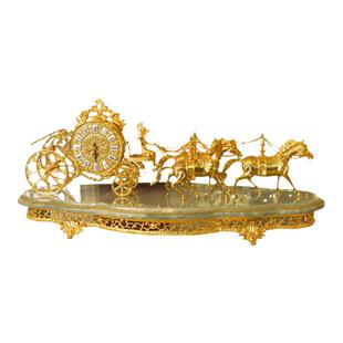 加的芙欧式设计玉石马拉车装饰台钟酒店别墅居家艺术品金色战马