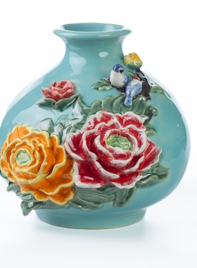 牡丹花瓶公仔工艺品摆件石湾陶瓷