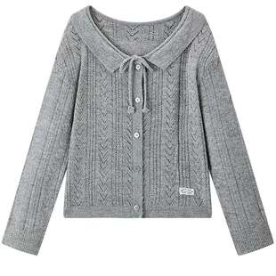 【商场同款】乐町甜美翻领系带针织开衫春新款灰色毛衣C1EDF3431