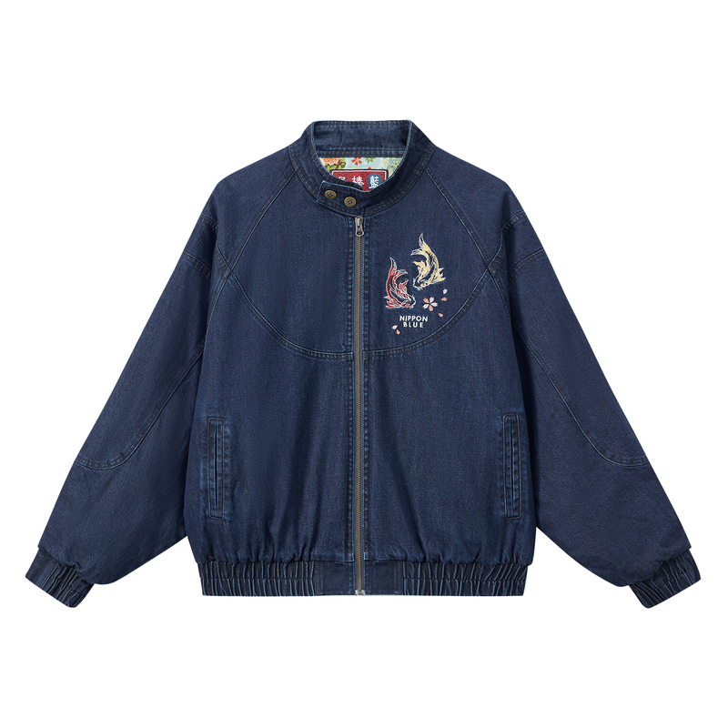 ONIARAI/鬼洗25秋冬泥棒蓝女款双鱼刺绣立领牛仔外套 N340238