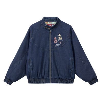 ONIARAI/鬼洗25秋冬泥棒蓝女款双鱼刺绣立领牛仔外套 N340238