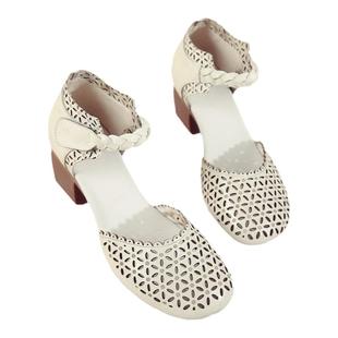 头层牛皮文艺真皮镂空牛筋底妈妈鞋夏装新款中跟凉鞋粗跟白色女鞋
