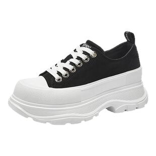 MILLIE'S/妙丽休闲风厚底板鞋女黑白拼色系带增高鞋小个子松糕鞋